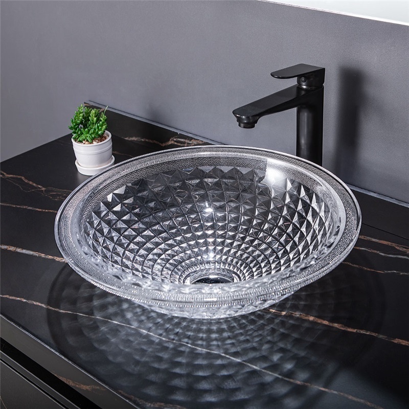 Circular Clean  Glass Wash Basin with White Decorative Edge Bathroom Vanity Sink Crystal Glass Wash Hand Basins