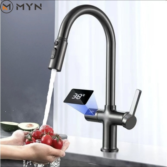 2023 Meiyani New Design Pull Out Brass  Cold And Hot Digital Display  Kitchen Sink Faucet Tap Ware Mixer