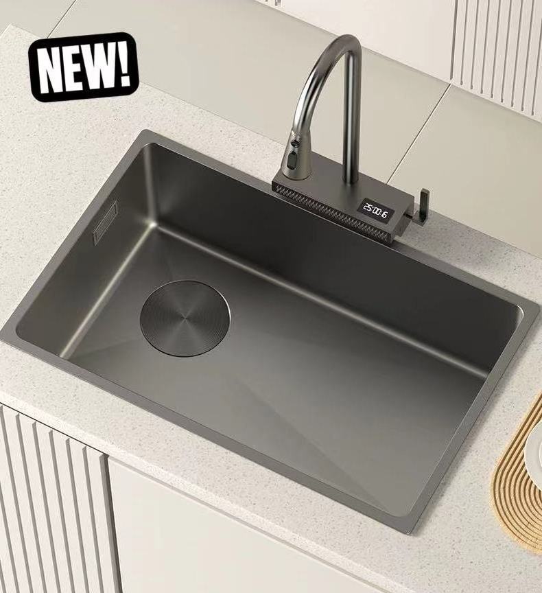 MYN America European Style 304 Stainless Steel  Under Mounted Counter Large Single Bowl Slot Nano Black Farmhouse Kitchen Sink