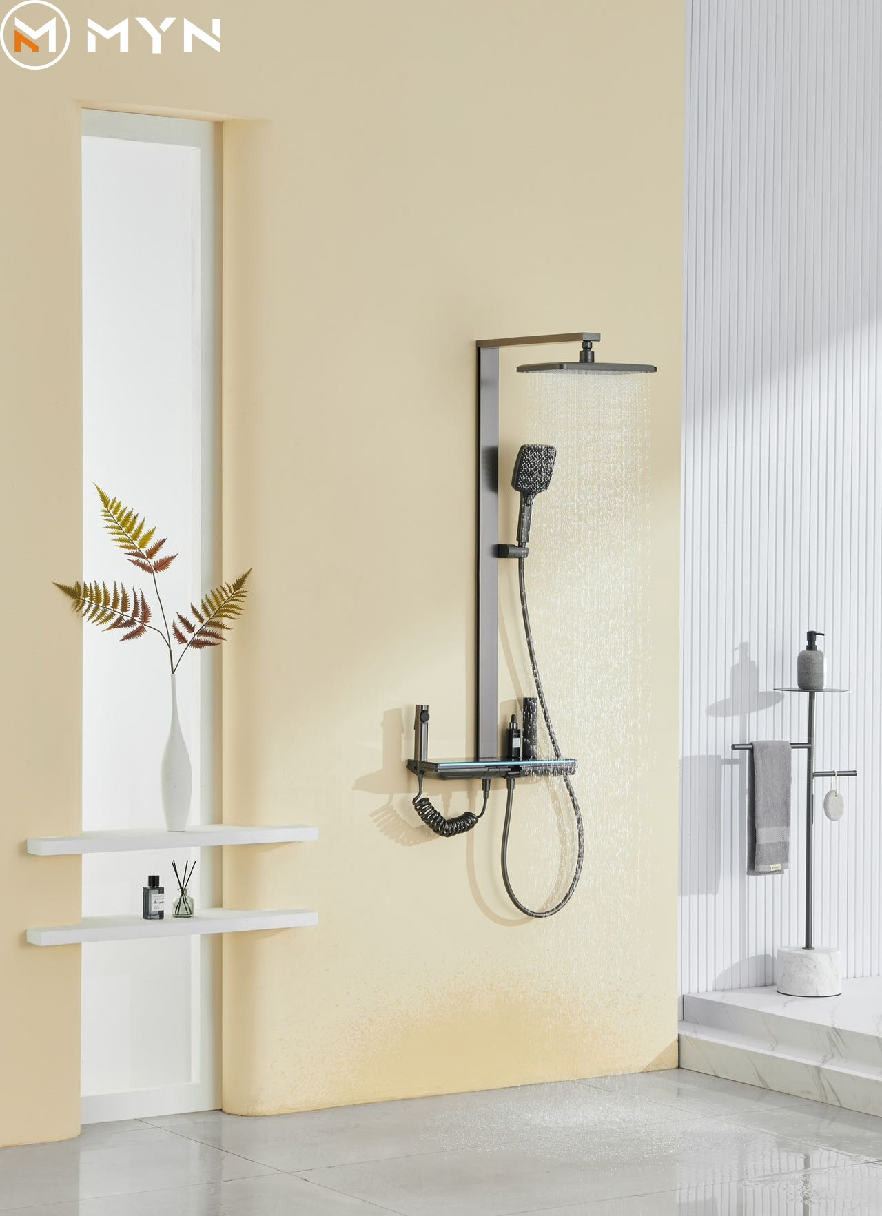 2024 Factory Price Tiktok Trend Gunmetal White  Bathroom Hot Cold Wall  Hung  Digital Display  Piano Key Rainfall Shower Set