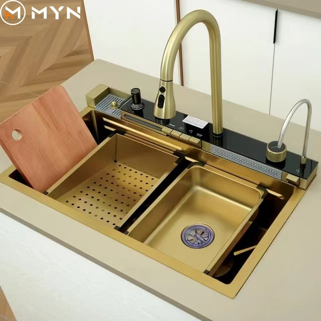 Tiktok Newest Hot Sale Gold  One Piece  2 Waterfall Faucet  Bionic Honeycomb Stainless Steel 304 Big Single Bowl Kitchen Sink