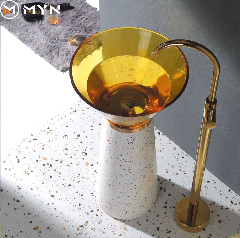 Meiyani 2024 newest design  luxury colorful  free standing  pedestal crystal glass bowl basin lavabo bathroom sinks wash basin