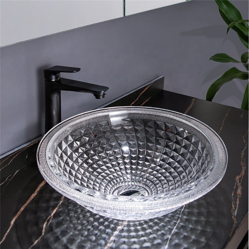 Circular Clean  Glass Wash Basin with White Decorative Edge Bathroom Vanity Sink Crystal Glass Wash Hand Basins