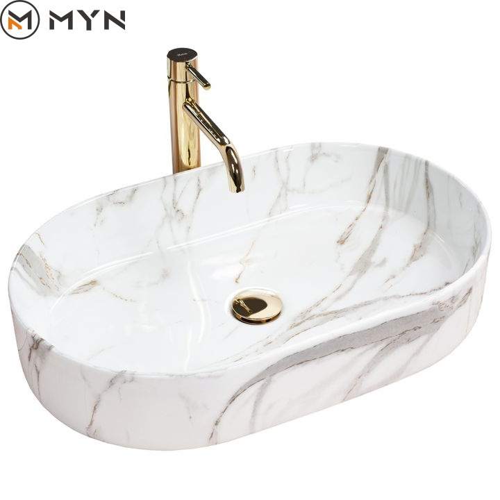 2023 Hot Sale Oval Counter Top Art Porcelain Sink Bathroom Ceramic Marble Washbasin Wash Basin Without Faucet Hole