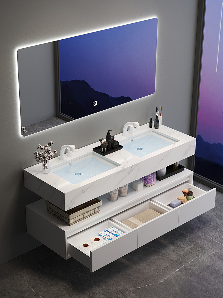 Luxury Modern Design Sintered Stone Customize Wall Mounted Smart Mirror Cabinet Bathroom Vanity