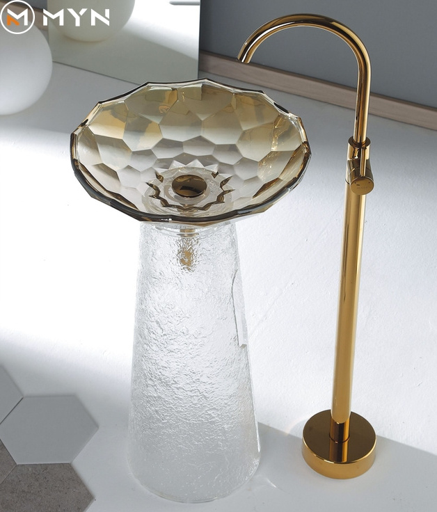 Meiyani 2024 newest design  luxury colorful  free standing  pedestal crystal glass bowl basin lavabo bathroom sinks wash basin