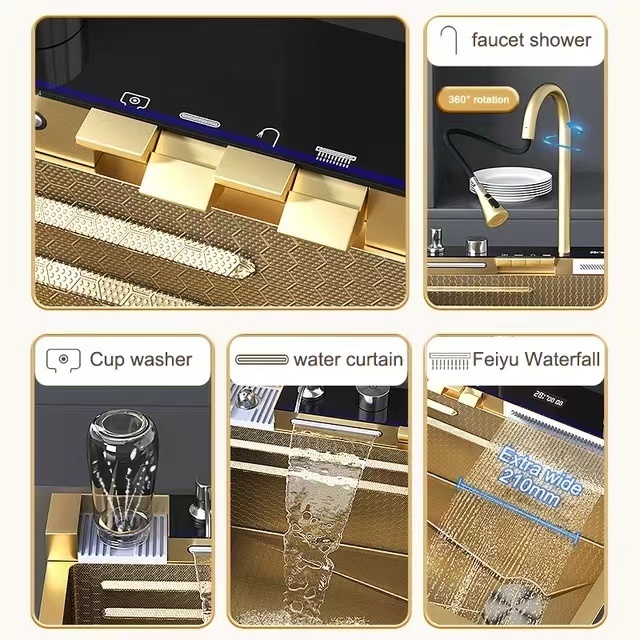 Tiktok Newest Hot Sale Gold  One Piece  2 Waterfall Faucet  Bionic Honeycomb Stainless Steel 304 Big Single Bowl Kitchen Sink