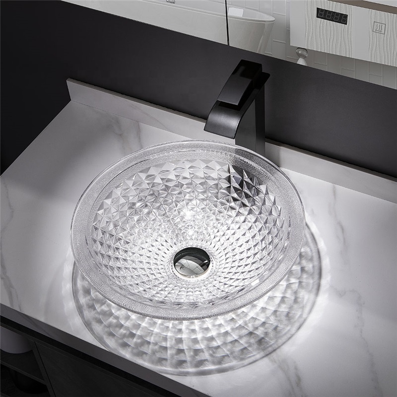 Circular Clean  Glass Wash Basin with White Decorative Edge Bathroom Vanity Sink Crystal Glass Wash Hand Basins