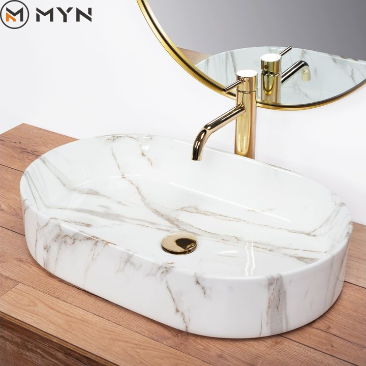 2023 Hot Sale Oval Counter Top Art Porcelain Sink Bathroom Ceramic Marble Washbasin Wash Basin Without Faucet Hole