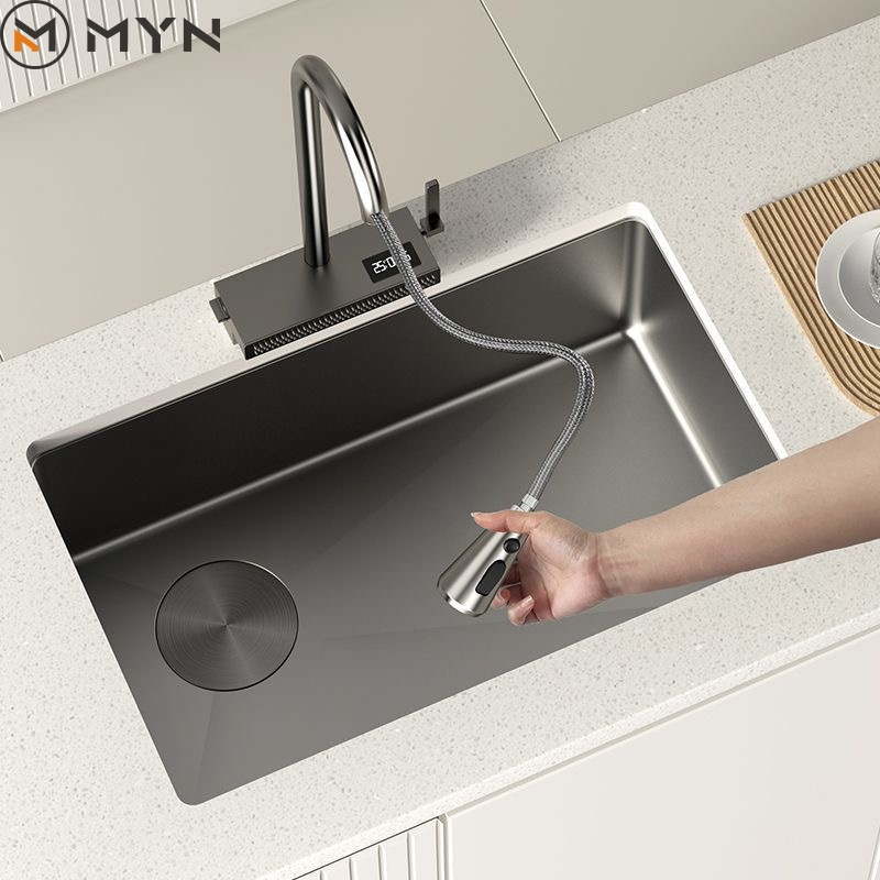 MYN America European Style 304 Stainless Steel  Under Mounted Counter Large Single Bowl Slot Nano Black Farmhouse Kitchen Sink