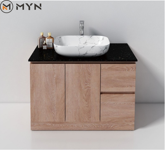 European Australian Style  Washroom Modern Bathroom Black Marble Sintered Stone Counter top Ceramic Washbasin  Cabinets  Vanity