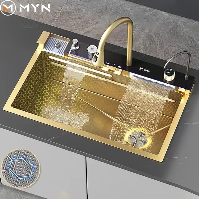 Tiktok Newest Hot Sale Gold  One Piece  2 Waterfall Faucet  Bionic Honeycomb Stainless Steel 304 Big Single Bowl Kitchen Sink