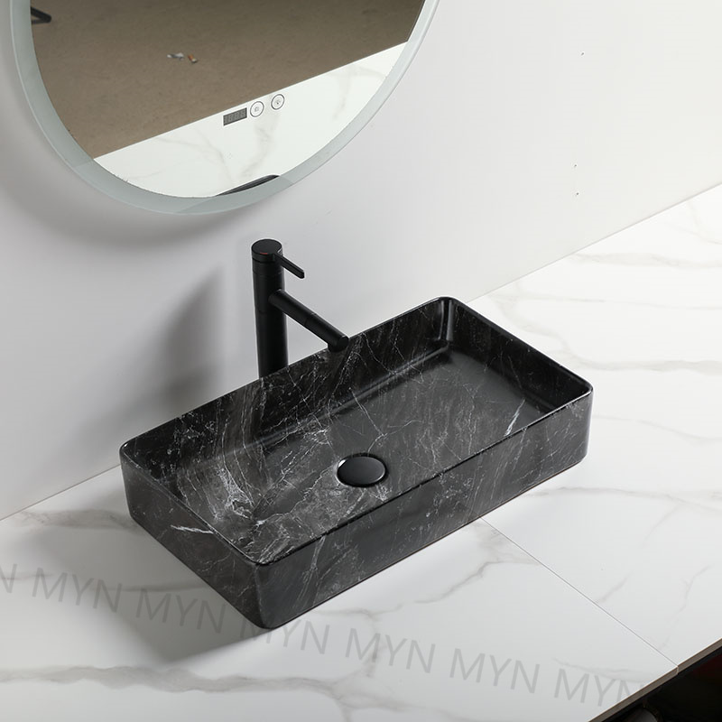 Hot sale luxury hotel  table top black marquina marble washbasin slim bathroom vanity sink