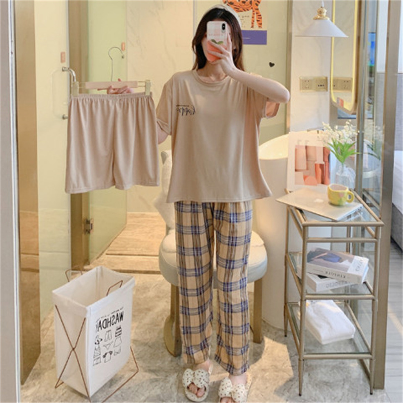 Garment factory wholesale processing of the latest summer students' short sleeved pants and shorts, three piece pajamas, female