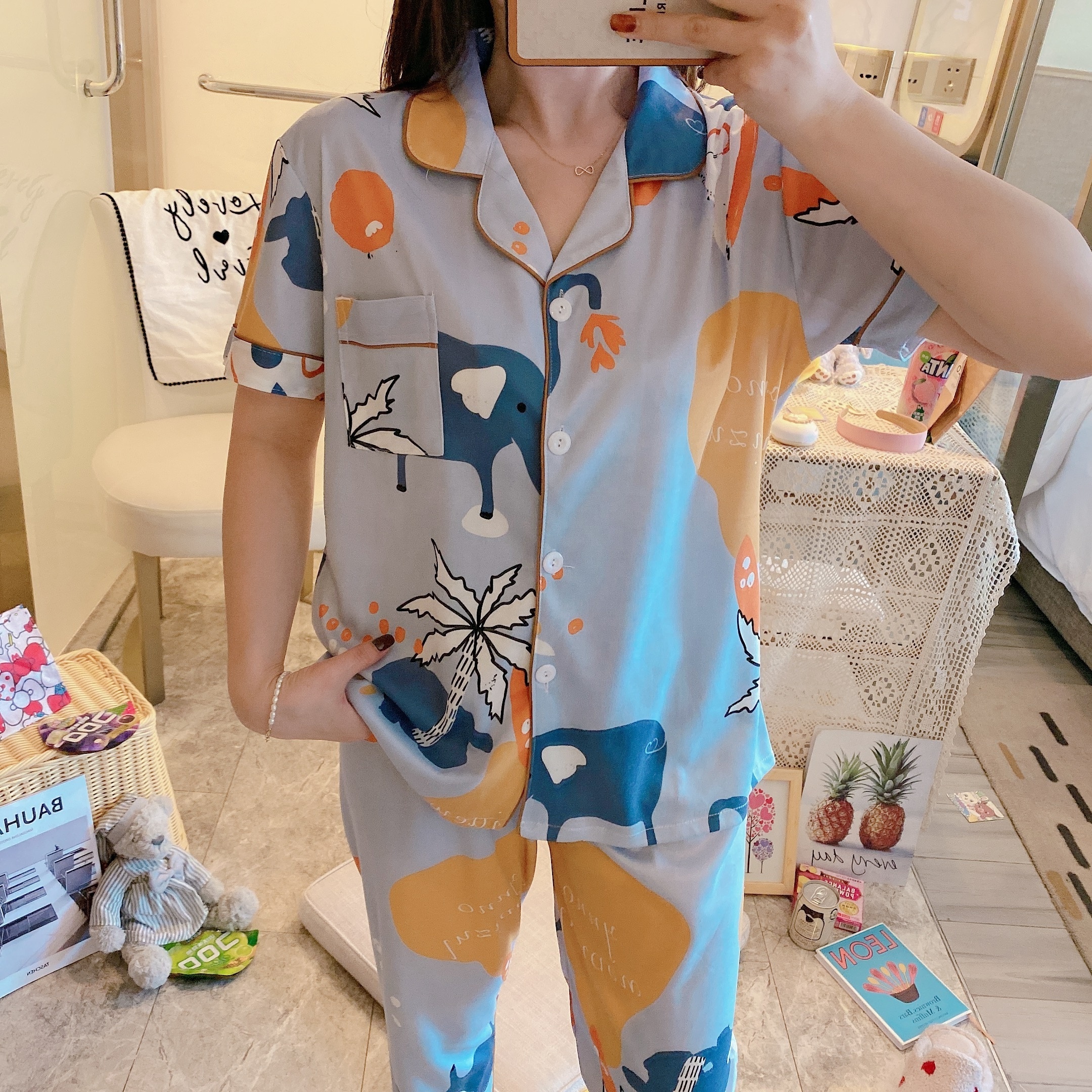 Women Milk Silk summer thin casual short-sleeved animal two-piece suit loose plus size breathable home clothes suit sleepwear