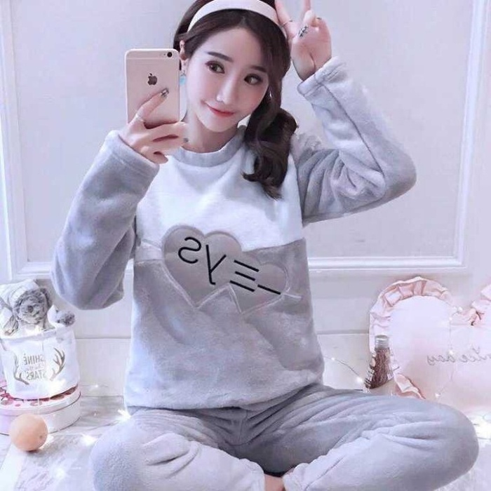 Autumn and winter pajamas ladies coral fleece warm long-sleeved flannel cute home service suit