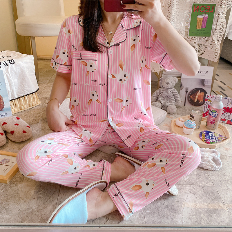 Women's Sleepwear Printed Cartoons Pyjamas Short Sleeved Pants 2Pcs Suit Pajama Casual Home Dress Home Dress Sleep Wear For Lady