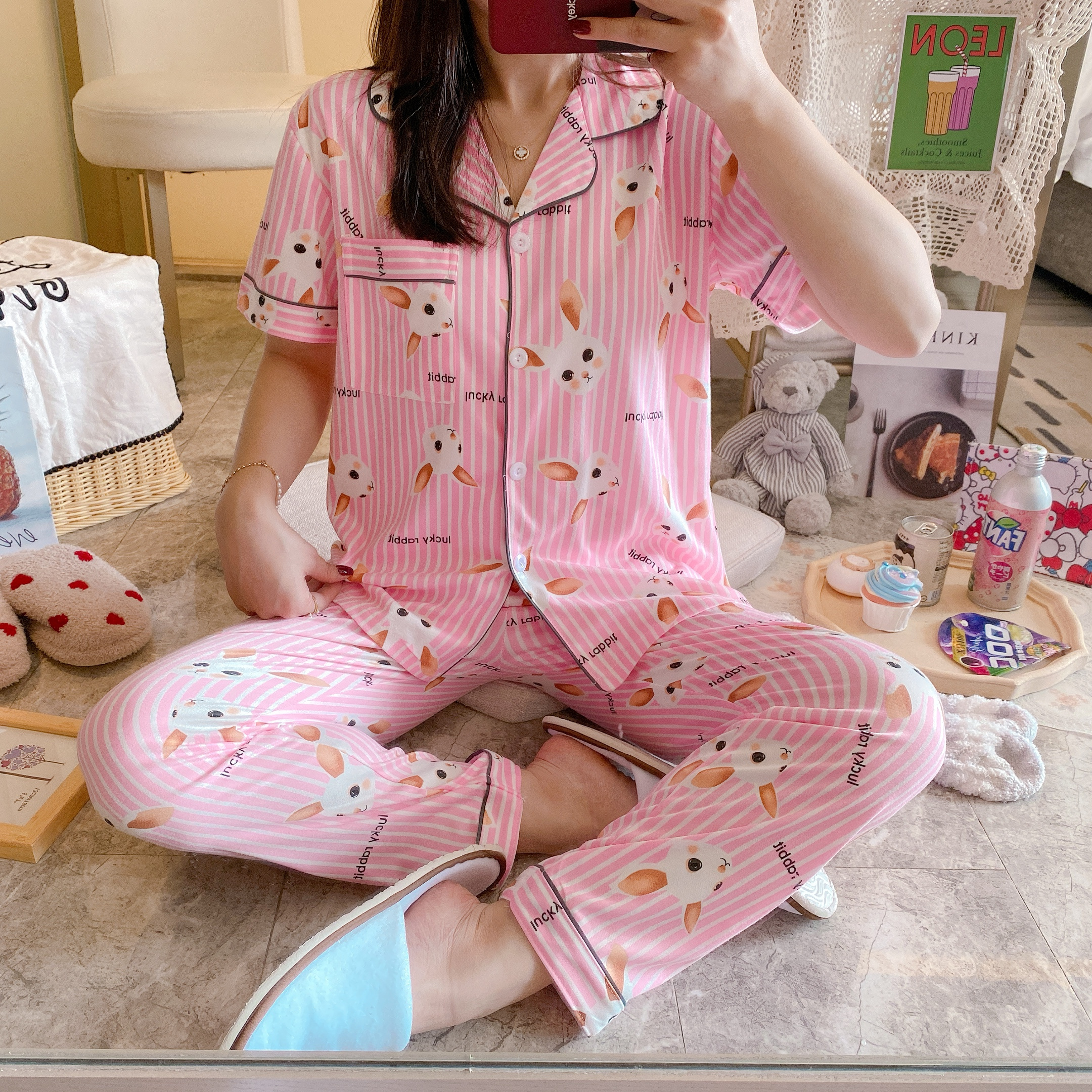 Women's Sleepwear Printed Cartoons Pyjamas Short Sleeved Pants 2Pcs Suit Pajama Casual Home Dress Home Dress Sleep Wear For Lady