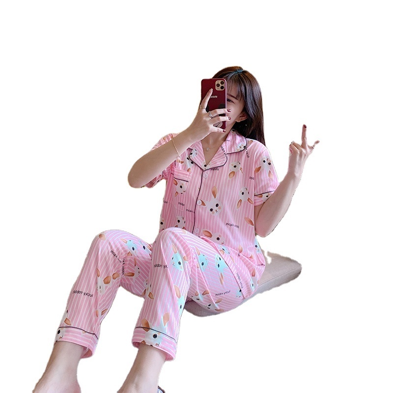 Women's Sleepwear Printed Cartoons Pyjamas Short Sleeved Pants 2Pcs Suit Pajama Casual Home Dress Home Dress Sleep Wear For Lady