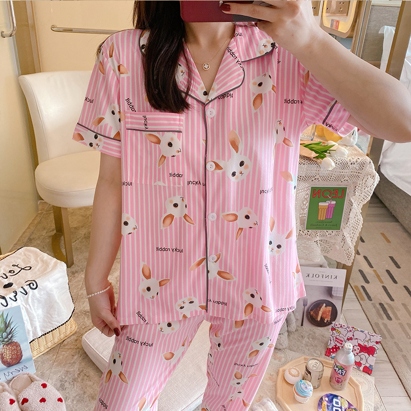 Women's Sleepwear Printed Cartoons Pyjamas Short Sleeved Pants 2Pcs Suit Pajama Casual Home Dress Home Dress Sleep Wear For Lady