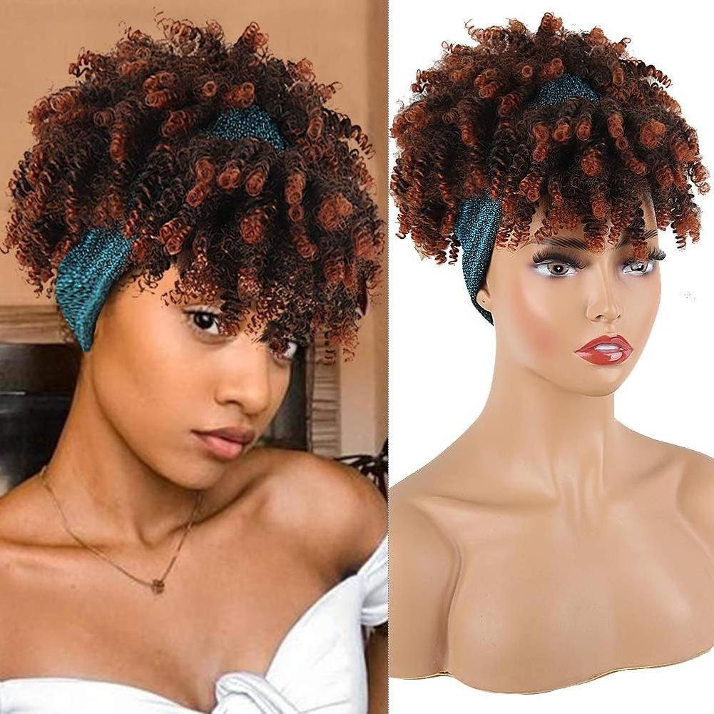 Hot Selling Headband Wigs for Black Women Synthetic Short Afro Kinky Curly Wigs with Bangs Drawstring High Puff Wig