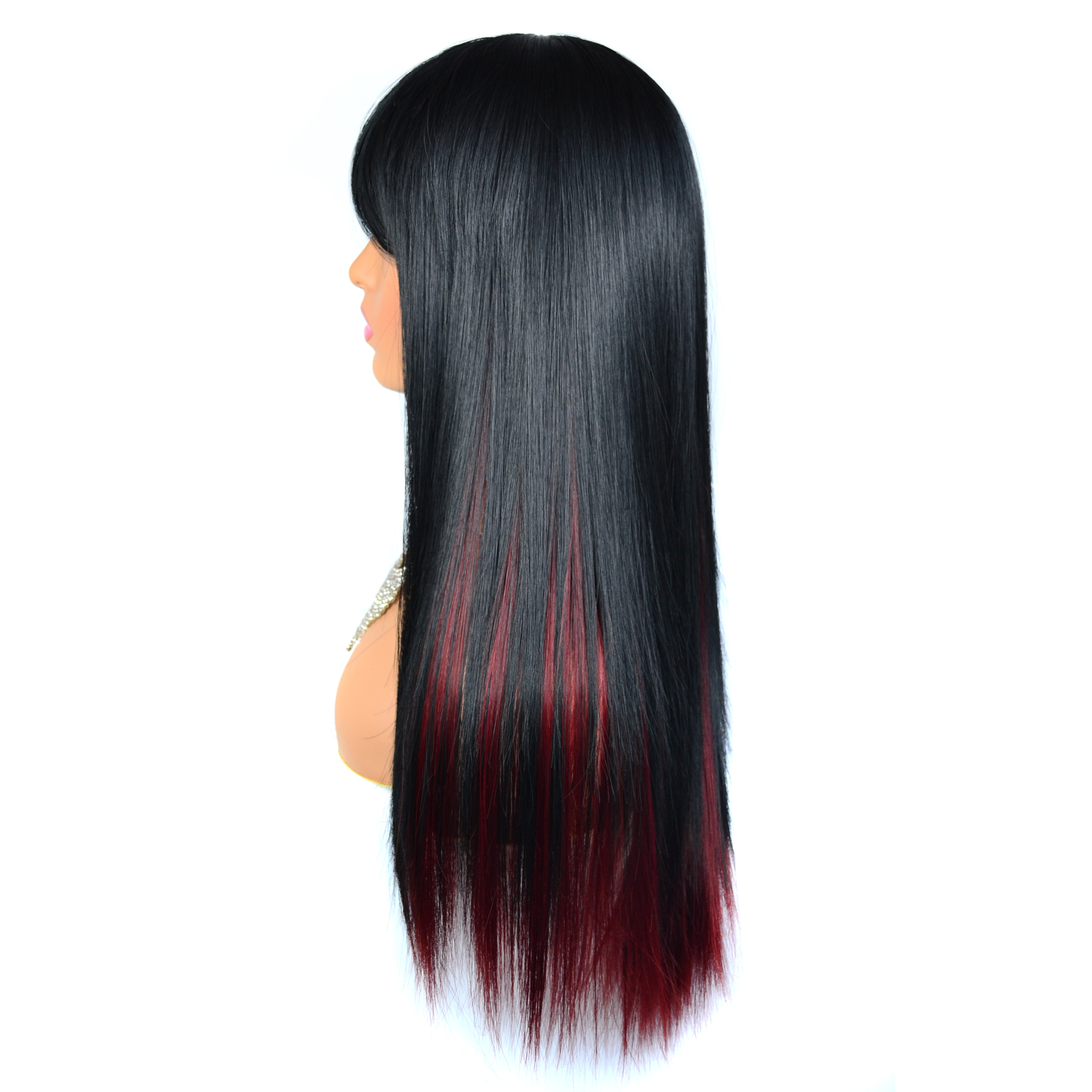 24inch Red Mixed Black Kawaii Lolita Mullet Wig Harajuku Long Straight Hair Bangs Adult Chic Girls Women Cosplay Daily Wear