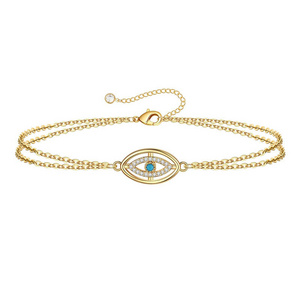 Dainty tarnish free 14K gold plated stainless steel double layer evil eye charm with zircon bracelet jewelry for women girls