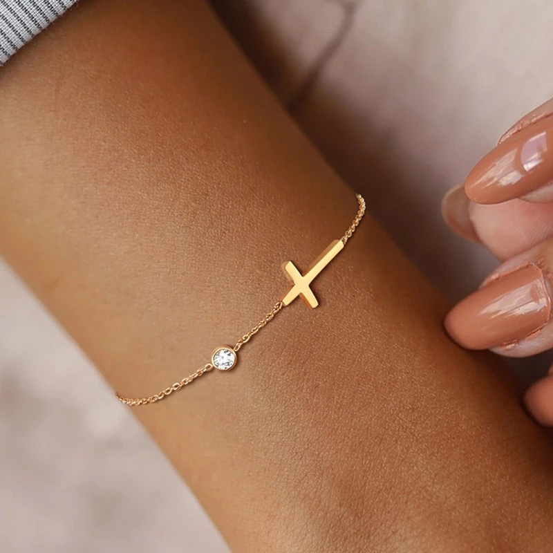 Non tarnish 18K gold plated stainless steel cross charm with zircon bracelet fine jewelry women bracelet