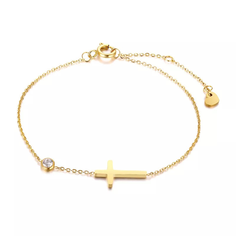 Non tarnish 18K gold plated stainless steel cross charm with zircon bracelet fine jewelry women bracelet