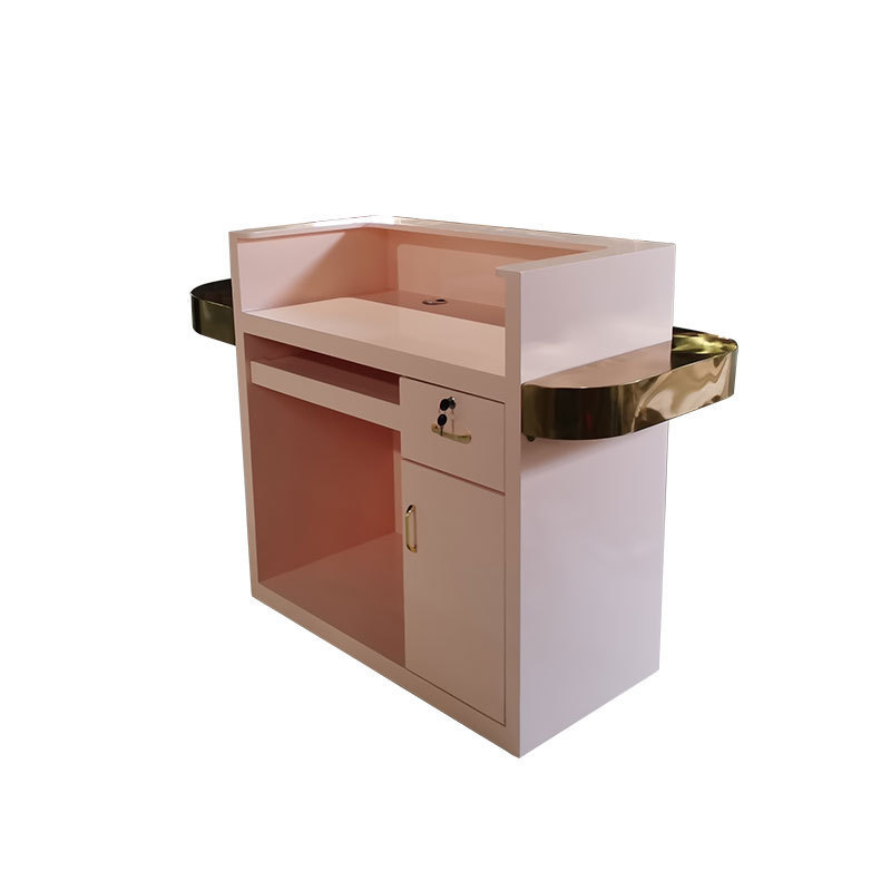 Customize Pink Gold Counter Check Out Desk LED Light Curved SPA Beauty Salon Small Reception Desk