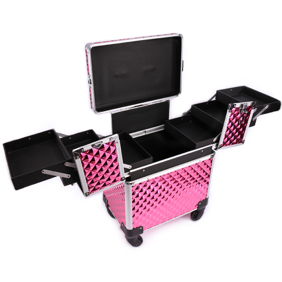 Diamond Pattern Beauty Box Makeup Cosmetic Case Hairdressing Nail Rolling Barber Black Diamond Lattice Trolley Cosmetic Case