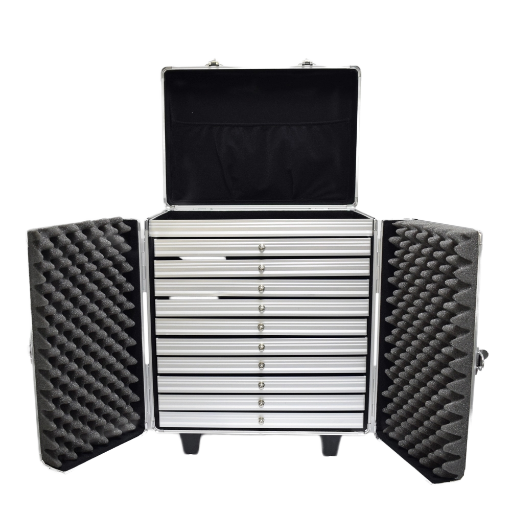 Aluminum jewelry case with drawers jewelry trolley case with wheels