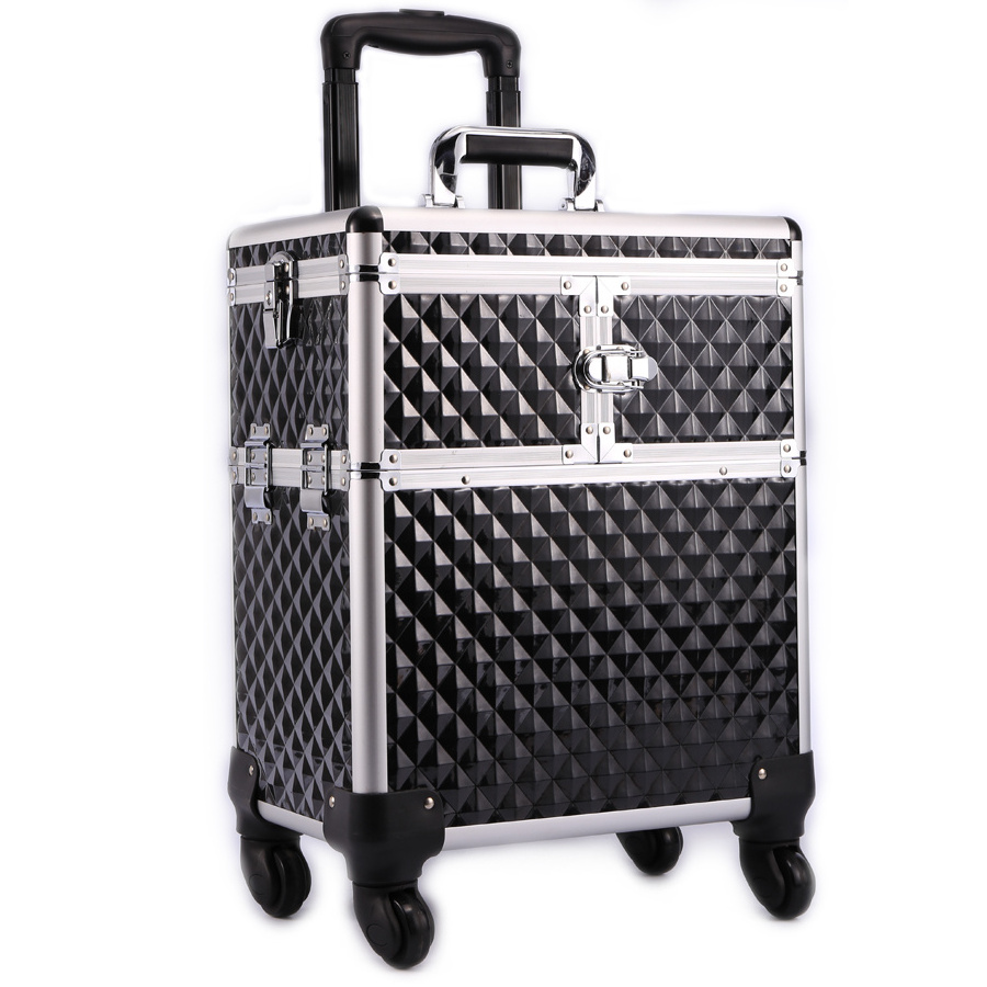 Diamond Pattern Beauty Box Makeup Cosmetic Case Hairdressing Nail Rolling Barber Black Diamond Lattice Trolley Cosmetic Case