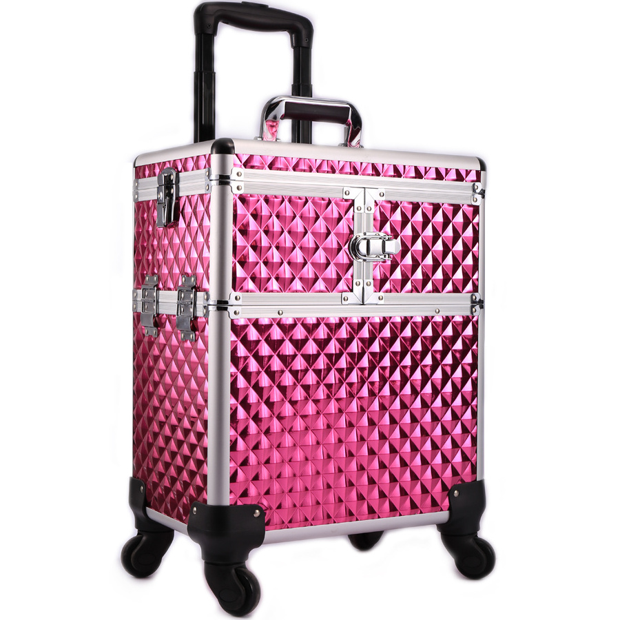 Diamond Pattern Beauty Box Makeup Cosmetic Case Hairdressing Nail Rolling Barber Black Diamond Lattice Trolley Cosmetic Case