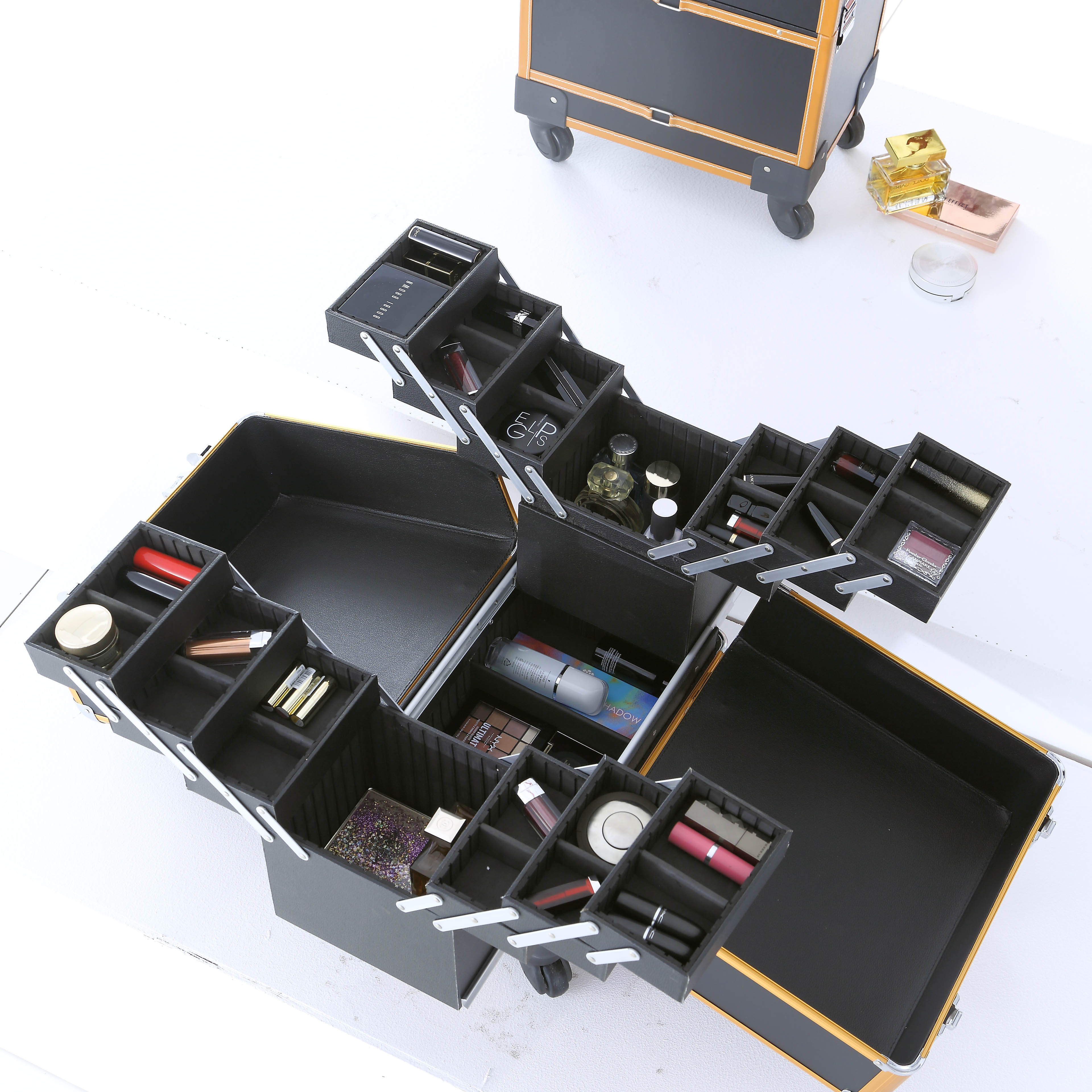 Makeup Case Rolling Trolley Organizer Aluminum Cosmetic Trolley Case Capacity Aluminum Case with Tie Rod Trolley Suitcase