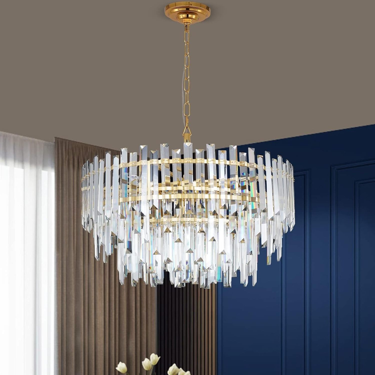 MEEROSEE Gold Modern Crystal Chandelier Pendant Lights for Dining  Living Bedroom Foyer Entryway Ceiling Hanging MD6068A