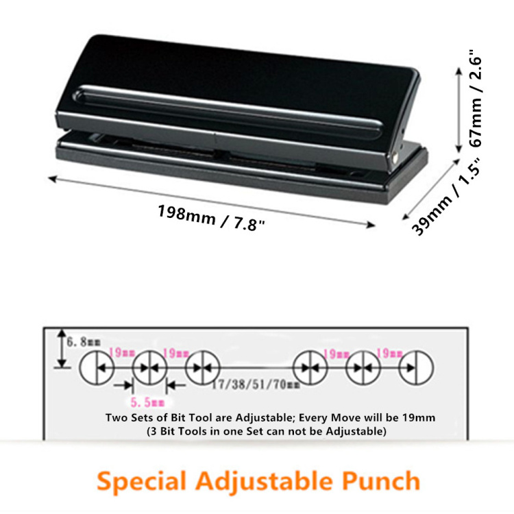 Adjustable 6 Hole Punch with Positioning Mark Daily Paper Puncher for A4 A5 A6 B7 Six Ring Binder Planners Refill Pages Punch