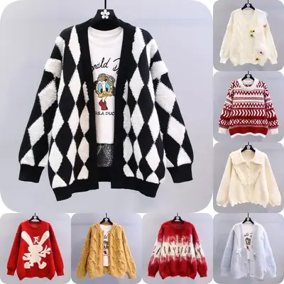 Cardigan women Knitted Casual cardigan Ladies Fashion Knit Jacquard Loose Women Cardigans Sweater With Pockets