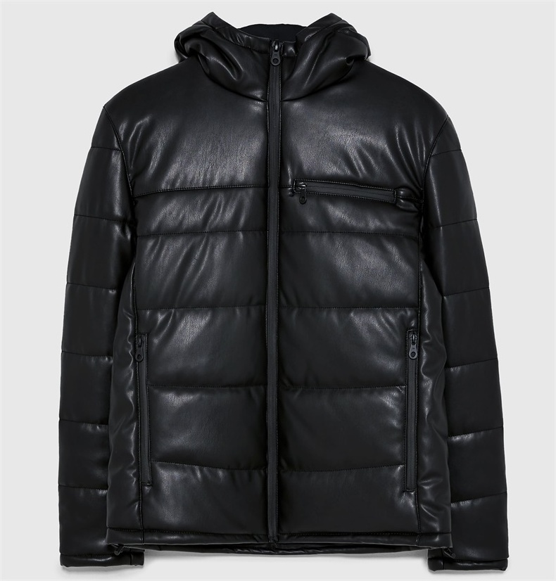 Winter black puffer down leather bubble jacket with hooded