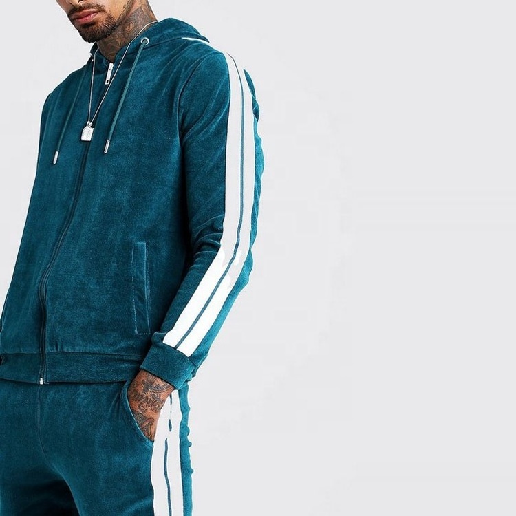 Hot sale stylish men official custom velour tracksuits with side tape