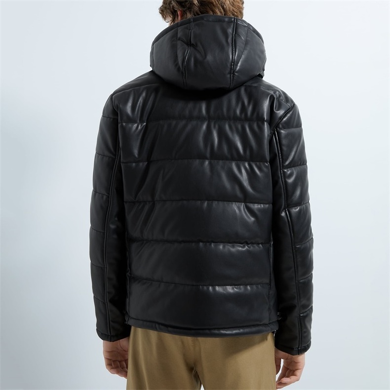 Winter black puffer down leather bubble jacket with hooded