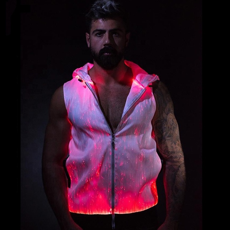 Latest design fancy glowing in the dark sleeveless fiber optic light up costume reflective hoodie