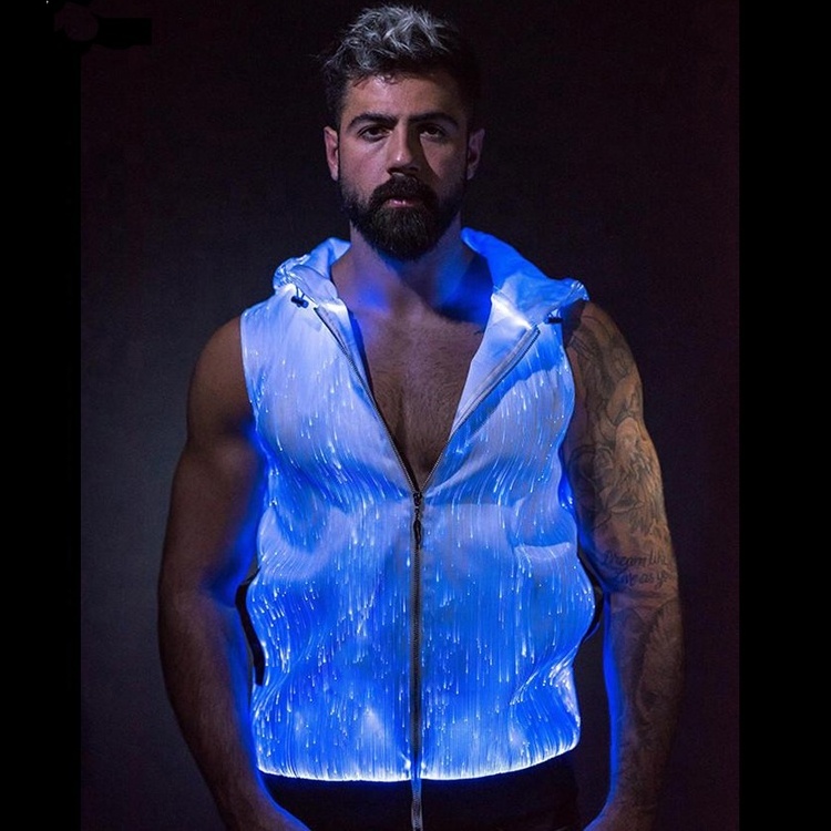 Latest design fancy glowing in the dark sleeveless fiber optic light up costume reflective hoodie