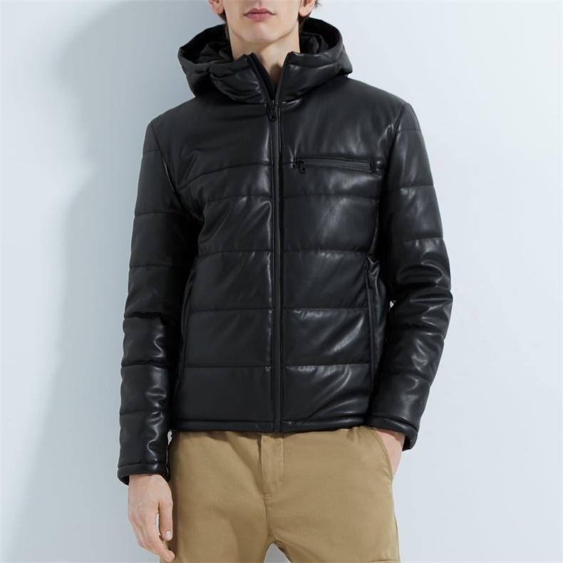 Winter black puffer down leather bubble jacket with hooded