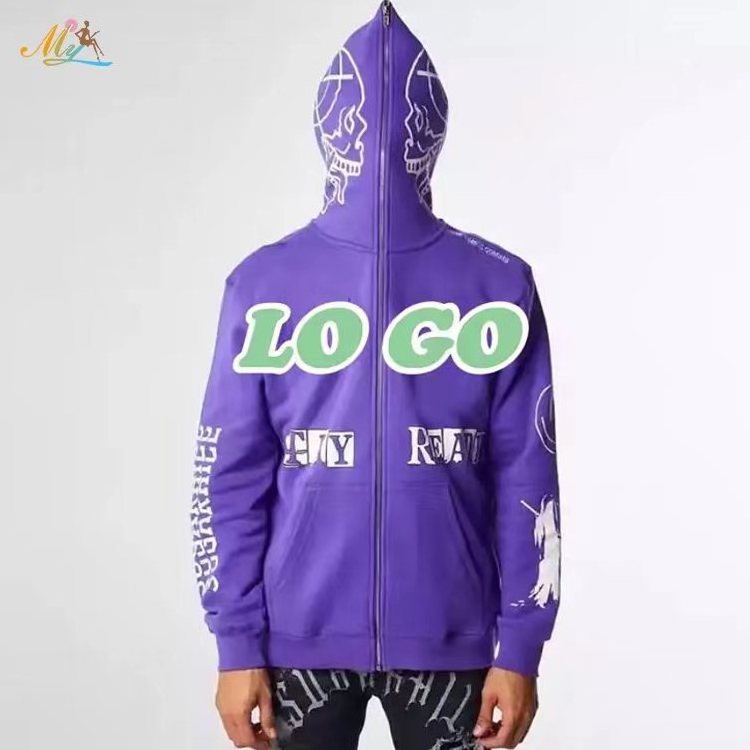 Clothing Manufacturers Custom Fleece Cotton Unisex Hoodie Full Face Puff printing Custom Zipper Full Zip Up Hoodie Blank