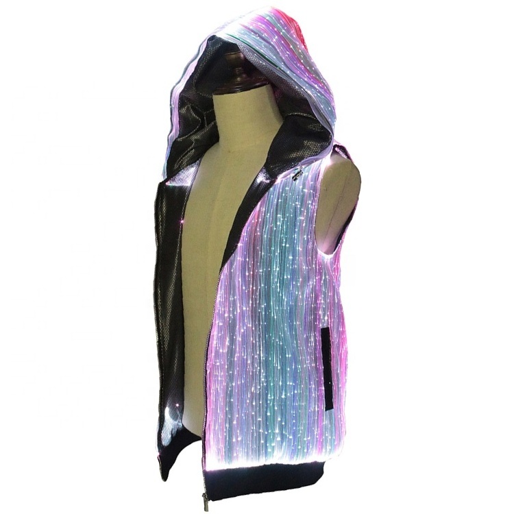 Latest design fancy glowing in the dark sleeveless fiber optic light up costume reflective hoodie