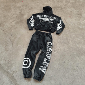 Custom Acid Washed Cropped Hoodies Applique Embroidered Patches Jogging Sweatsuits Unisex Track Suits Jogger Sweatpants Men Set