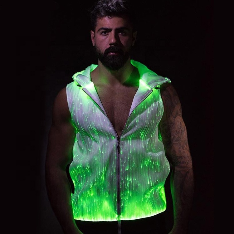 Latest design fancy glowing in the dark sleeveless fiber optic light up costume reflective hoodie