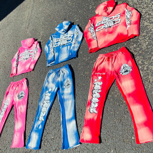 OEM tracksuit outdoor vintage streetwear patch embroidered fabric zipper oversize flared pants acid wash sweat suit for men