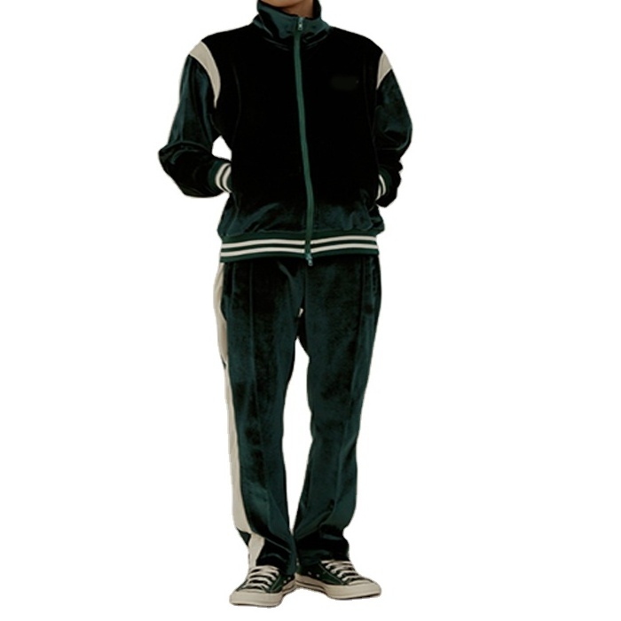 Custom Men New Fashion Long Sleeve Side Straps  Outfit Sweatsuit  Two Ways Full Zip Velvet Tracksuit For Men